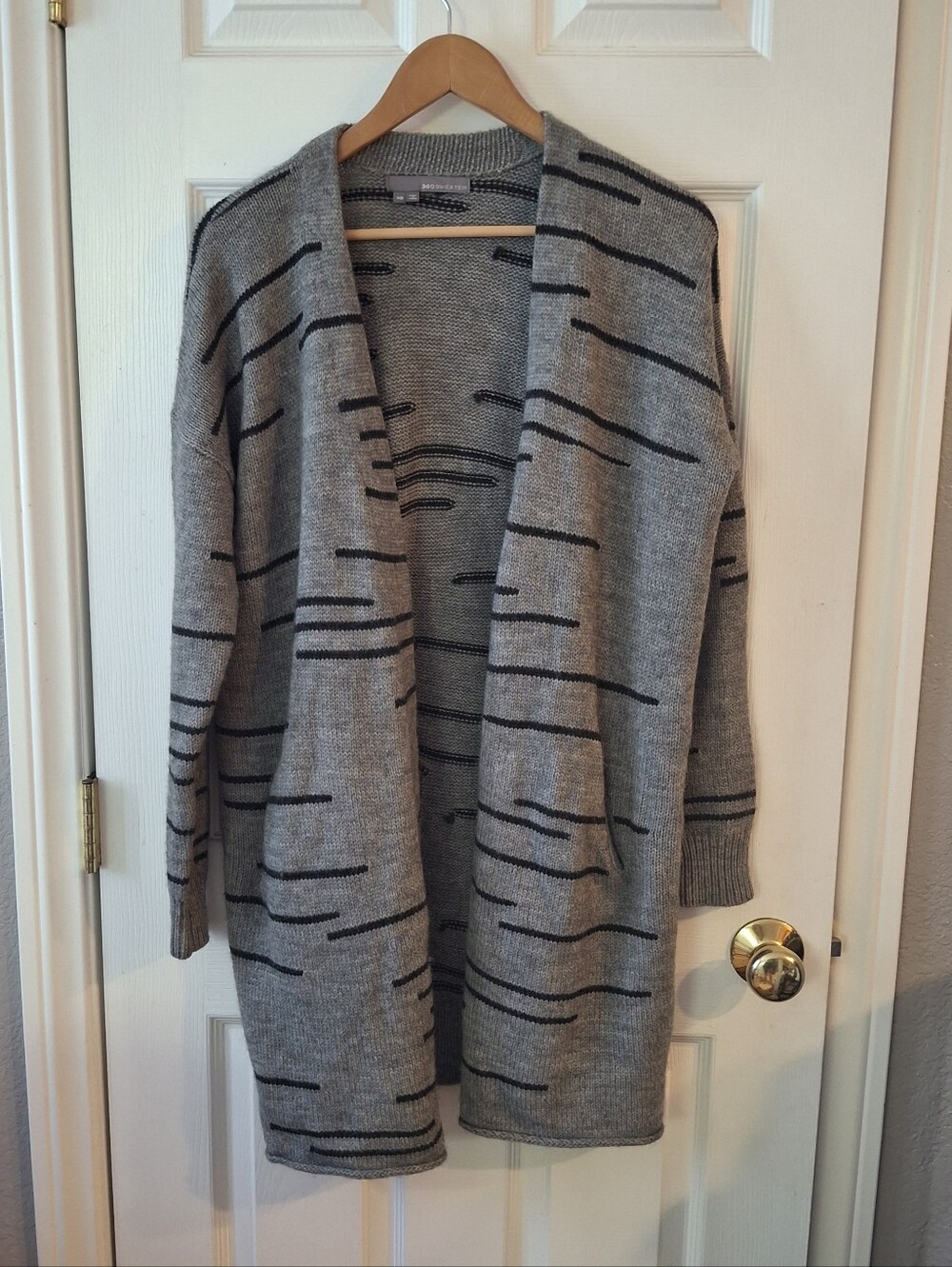 360 Sweater XS Gray Black Stripe Knit Open Front Longline Cardigan Duster Alpaca